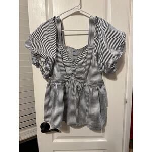 Blue and White Striped Old Navy Babydoll Top Ruched Nautical
